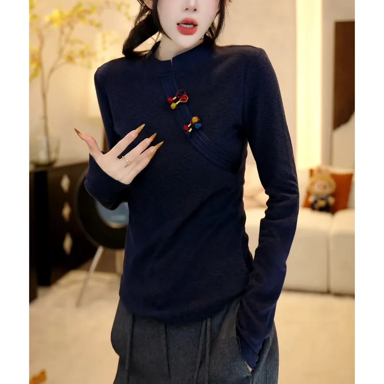 新款新中式时尚显瘦优雅洋气上衣女秋季百搭立领复古国风打底衬衫
