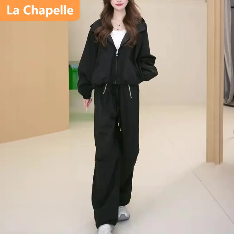 拉夏贝尔港风时髦休闲套装女春秋高级感宽松显瘦黑色长袖上衣两件