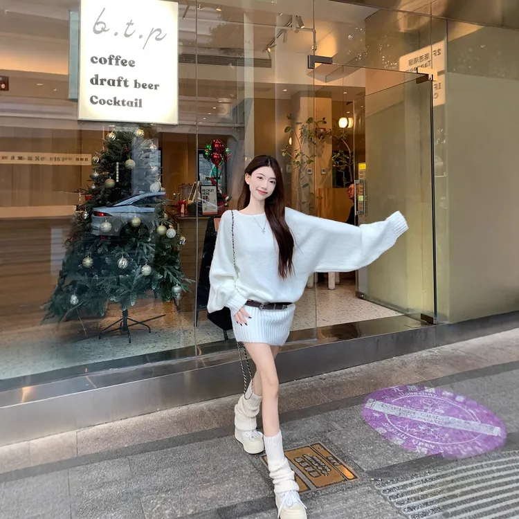 ~松弛 辣辣纸片人 秋冬宽松针织毛衣连衣裙韩版女装新款