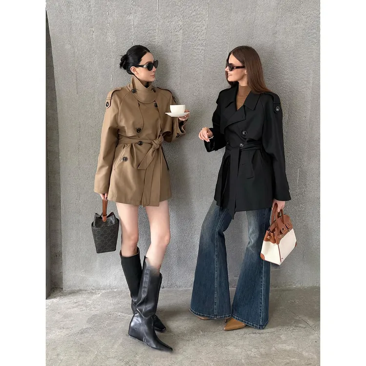 【巴黎旧梦2.0】经典廓形翻领收腰短款风衣外套女2025秋季小个子