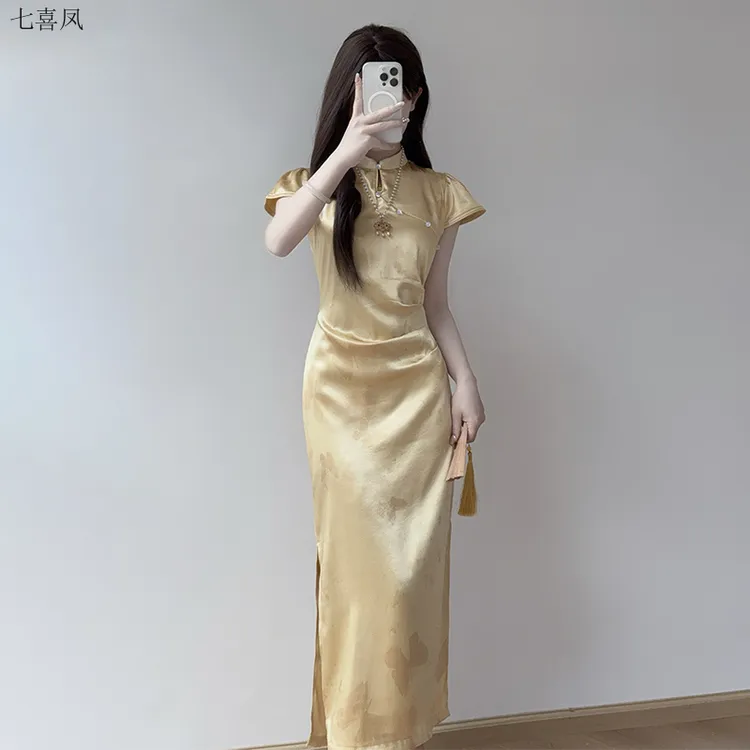 夏季新款改良旗袍女清新华丽蝴蝶印花连衣裙日常外出梭织夏季气质