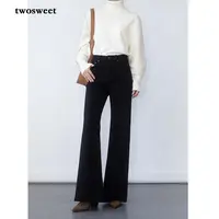 twosweet【理想裤型/黑色】高弹不掉色直筒阔腿微喇牛仔长裤女