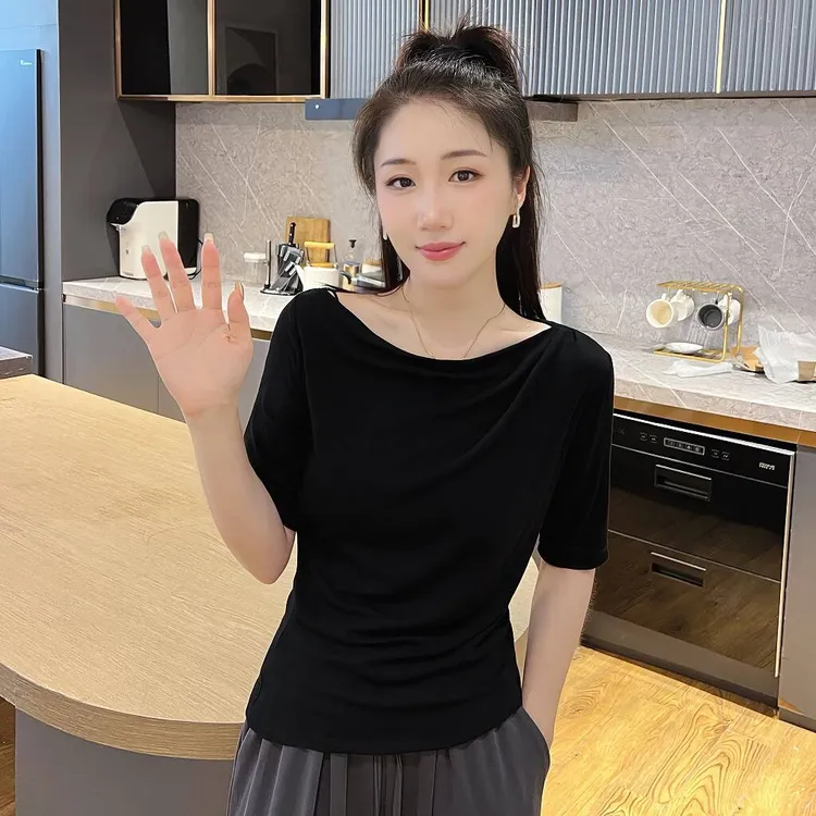 2025夏装新款黑色打底衫女短袖露肩一字肩显瘦中袖上衣0001-69