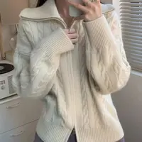 秋冬半高拉链女开衫加厚7针休闲绞花时尚外套4355