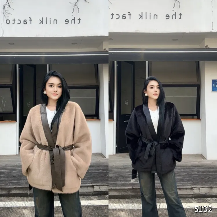 2025新款秋冬轻奢V领系带毛毛外套