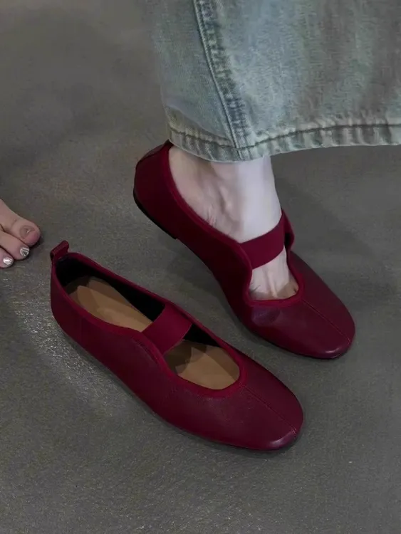 羊皮版~复古方头浅口玛丽珍鞋休闲软皮软底一脚蹬通勤单鞋女瓢鞋