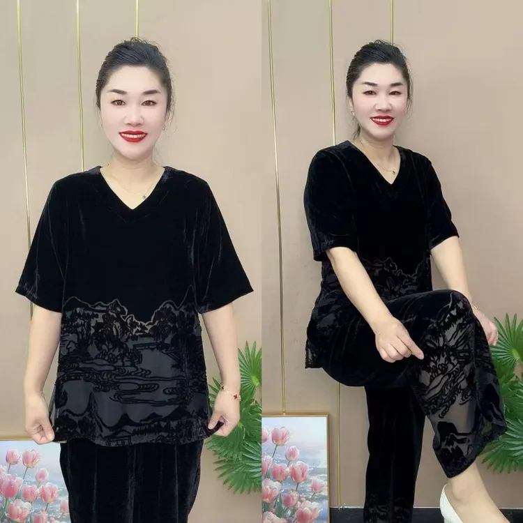 国风镂空丝绒妈妈装套装奶奶装高品质妈妈衫气质显瘦休闲夏季宽松