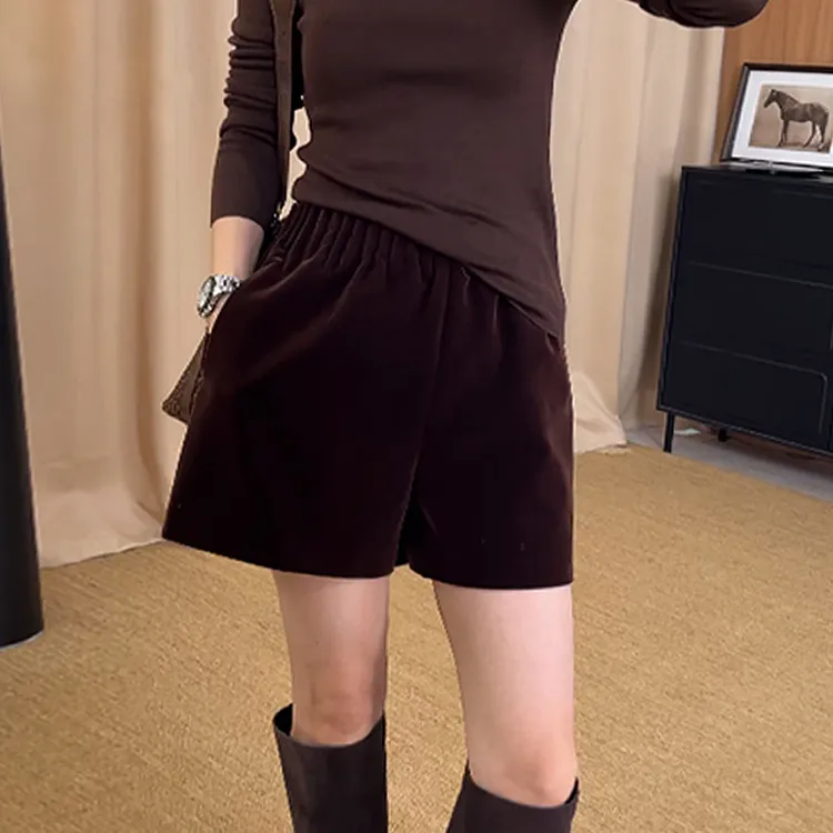 休闲裤冬复古显瘦直筒时尚休闲复古高腰丝绒短裤251471#