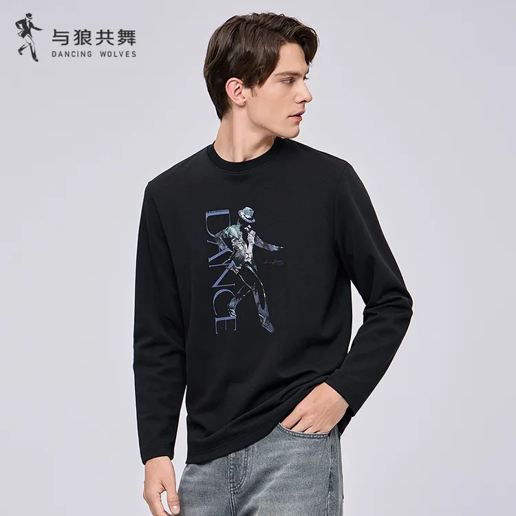 【定制印花】与狼共舞25秋季新款印花人标百搭圆领上衣男士长袖T恤