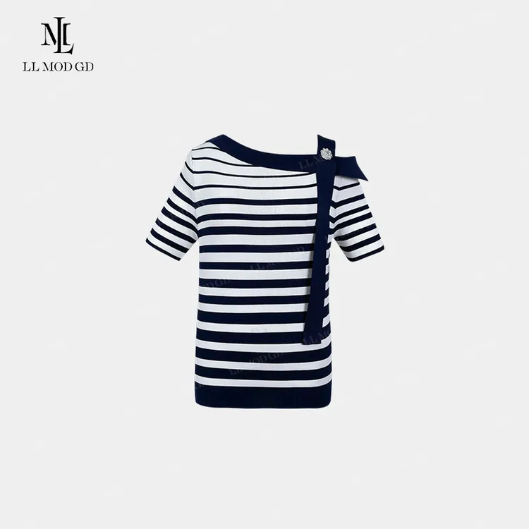 赫本日记 法式撞色一字领条纹冰丝短袖T恤可斜肩百搭款YL-262319