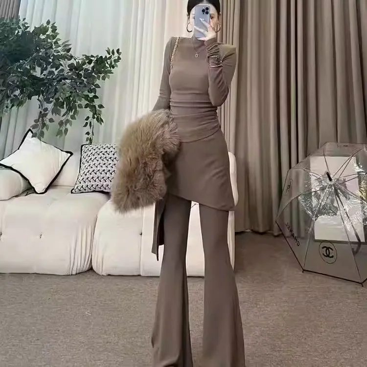 性感纯欲风圆领褶皱开叉长袖上衣高腰不规则屁帘微喇裤两件套装女