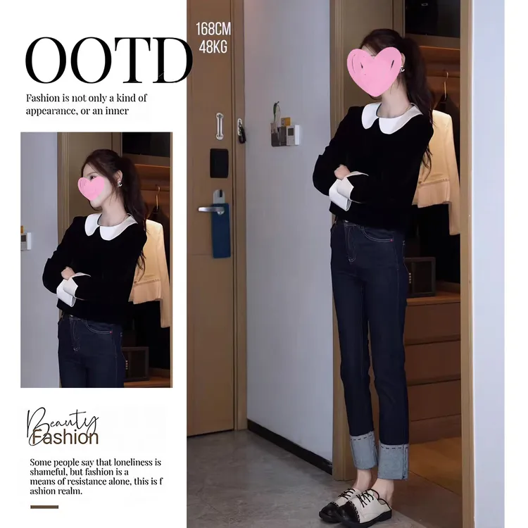 法式小香风时髦娃娃领衬衫女秋季美式港风时髦复古牛仔裤女两件套