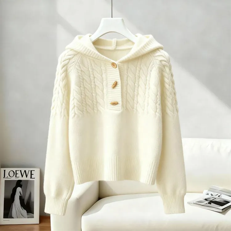 纯色高级感连帽套头针织衫毛衣女2025秋冬季新款气质时尚外套上衣