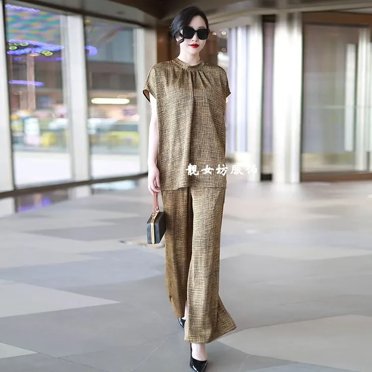 高级感醋酸提花衬衫两件套夏季新款舒适透气休闲上衣阔腿裤套装女