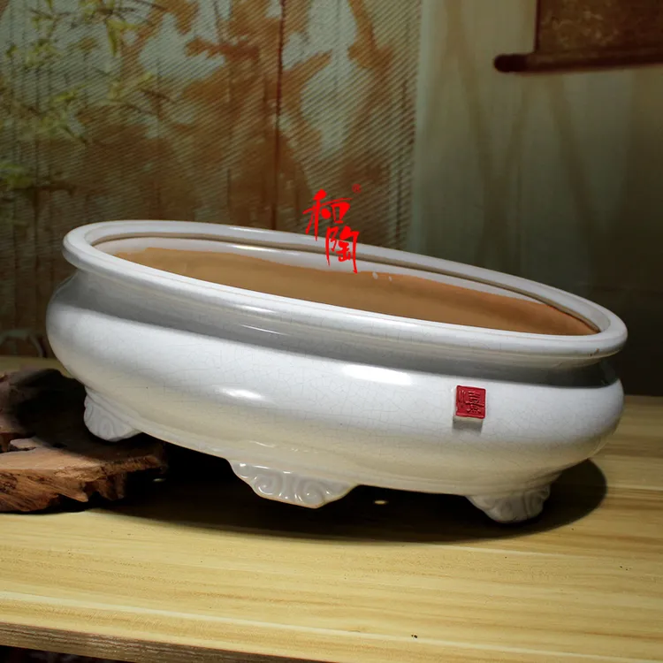 白色椭圆形花盆大口径冰裂纹复古造景盆三角梅绿植盆景石湾花盆