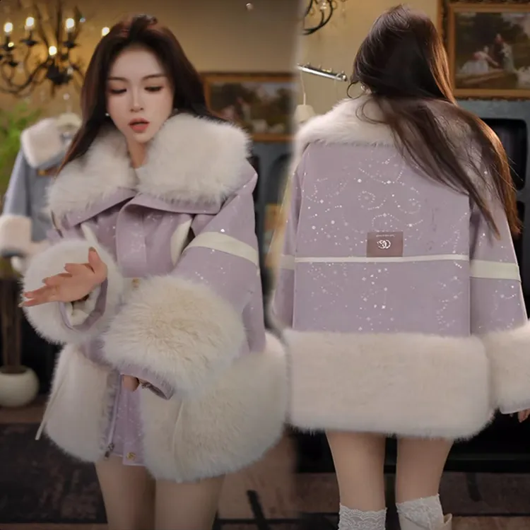 人造皮草 宽松环保皮草紫色大毛领冬季拉链加绒厚百搭时尚外套