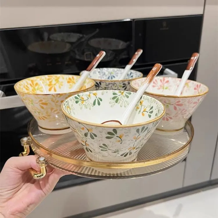 【四季繁花】四碗日式5英寸斗笠碗家用陶瓷吃饭釉下彩米饭碗yw