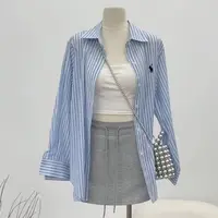 【C901】新品夏蓝色条纹翻领长袖防晒衬衫女宽松刺绣薄外套衬衣上衣