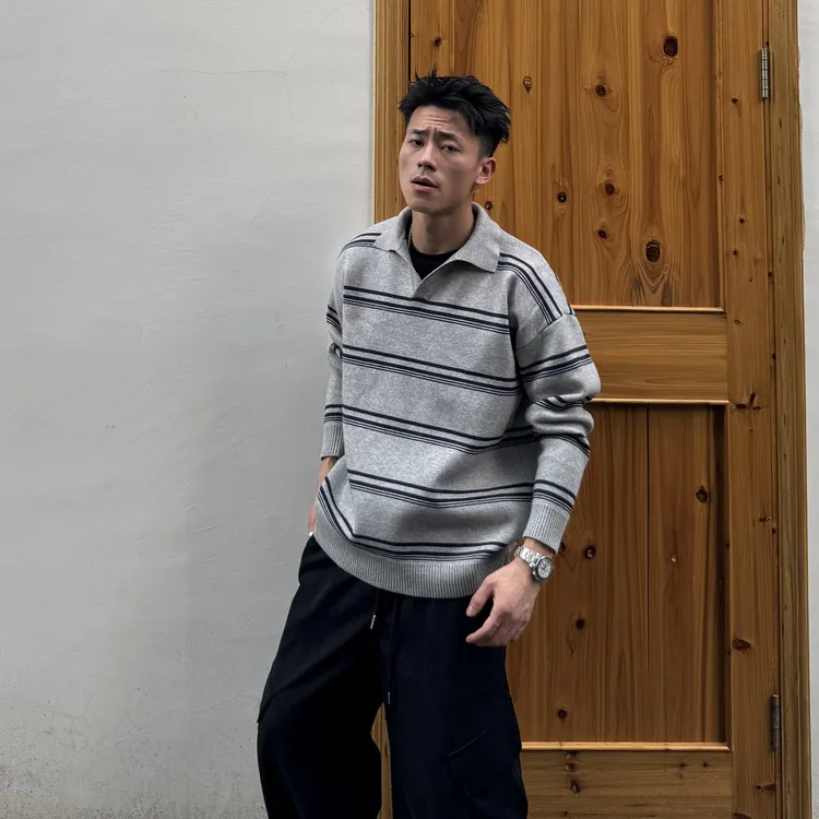 AAl2025秋冬季insPOLO领长袖通用休闲毛衣字母圆领条纹针织复古