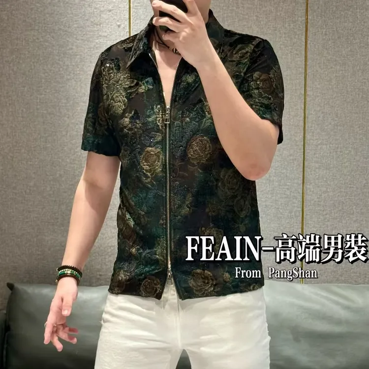 男士夏凉冰丝网纱透气植绒雕花牡丹花开短袖开衫5516