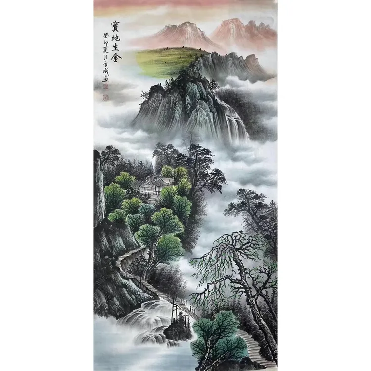 国画纯手绘四尺山水福地安居图适合玄关过道厅堂茶室餐厅客厅挂画