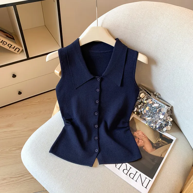 夏季翻领设计感别致针织背心女法式修身开叉外穿马甲无袖气质上衣