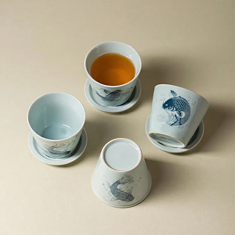 中式青花锦鲤主人杯带盖复古功夫茶杯单个陶瓷茶杯杯垫大号喝茶杯