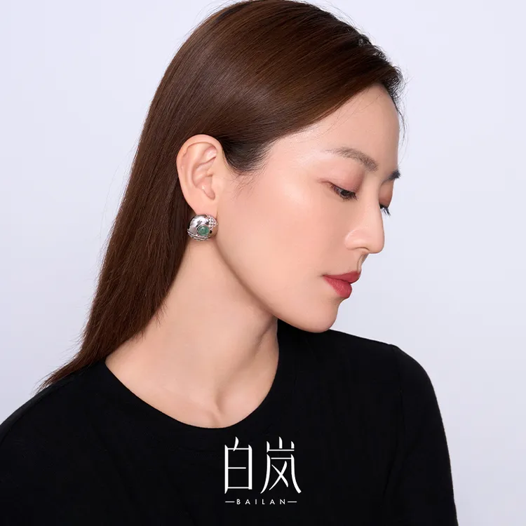 白岚竹编东陵玉耳钉925银耳环耳饰气质轻奢珠宝设计感首饰ED4649