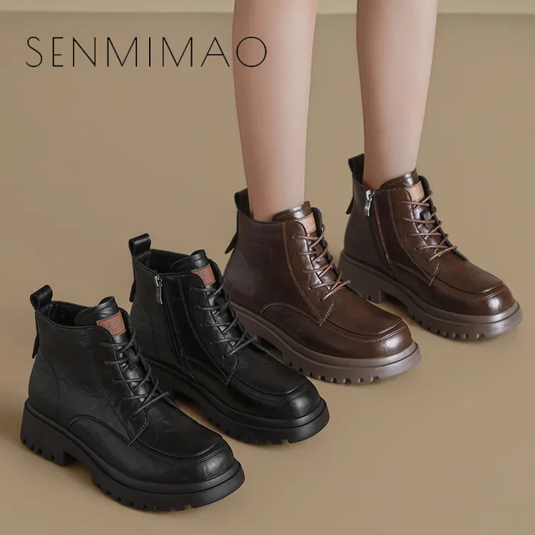 靴子女新款厚底增高时尚英伦工作鞋秋冬真牛小皮鞋百搭防滑时装靴