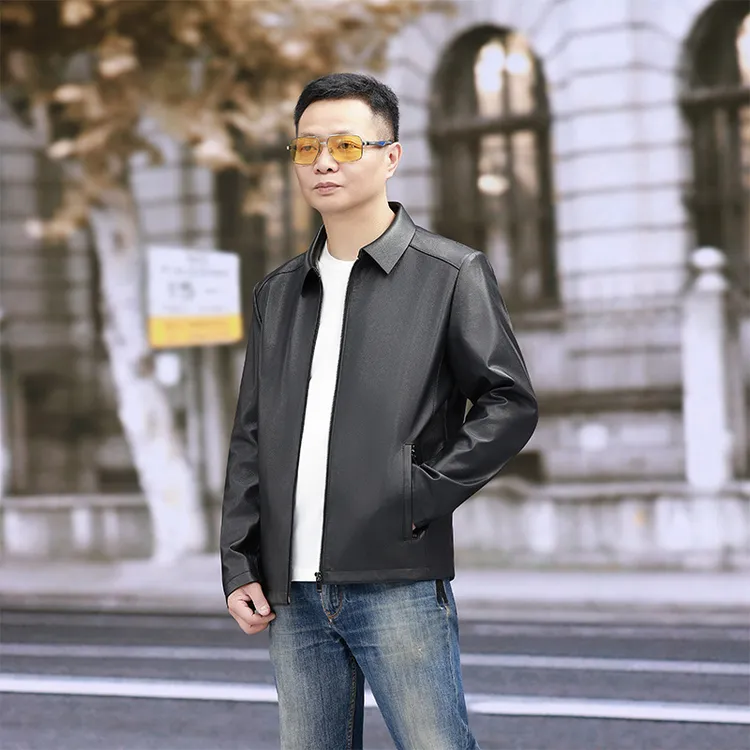 J25081海宁男士修身牛皮翻领短款新款真皮休闲商务时尚日常百搭