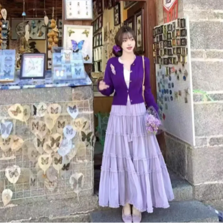 甜美紫色开衫吊带背心半身裙三件套浅秋季新款时尚显瘦套装
