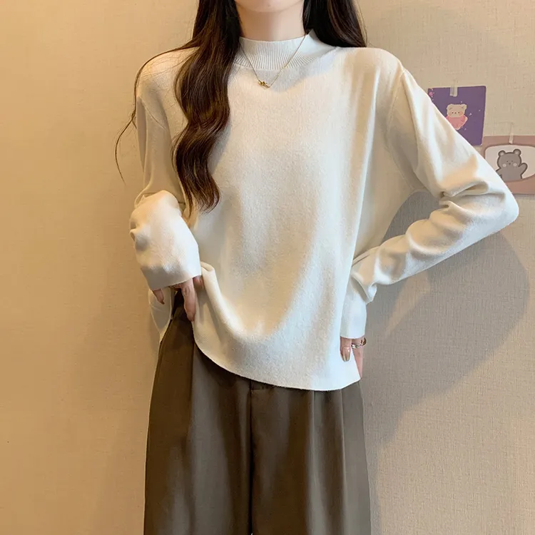 大码遮肚子半高领针织衫女春秋微胖mm宽松显瘦慵懒软糯打底衫上衣