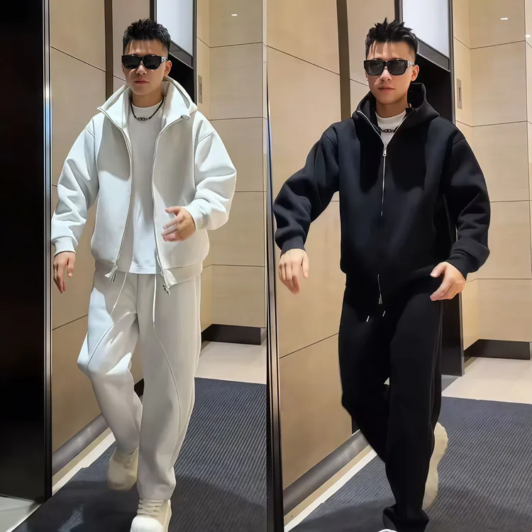 秋季重磅空气棉净版休闲运动套装男士简约连帽开衫卫衣卫裤两件套