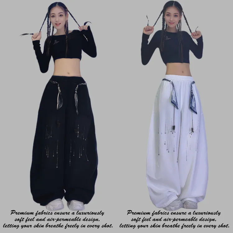 时超康BANMICHUN秋季长裤休闲裤烫钻阔腿裤曳舞潮牌流星钻2506款