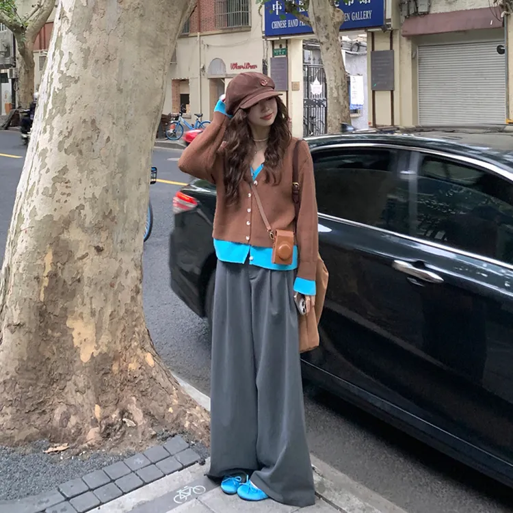 秋季撞色拼接长袖假两件撞色针织开衫上衣V领韩系百搭毛衣上衣