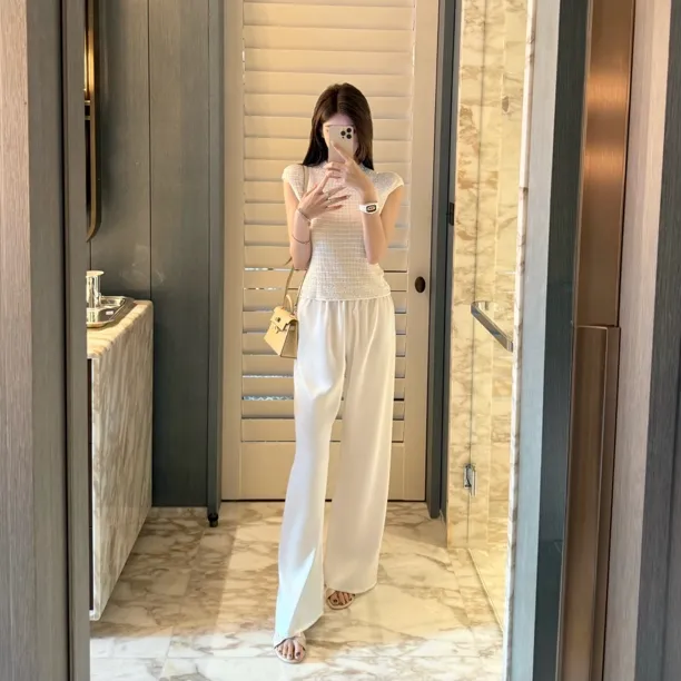 FAY【遛弯裤】缎面光泽度宽松松紧带直筒裤显瘦夏季财阀千金女装