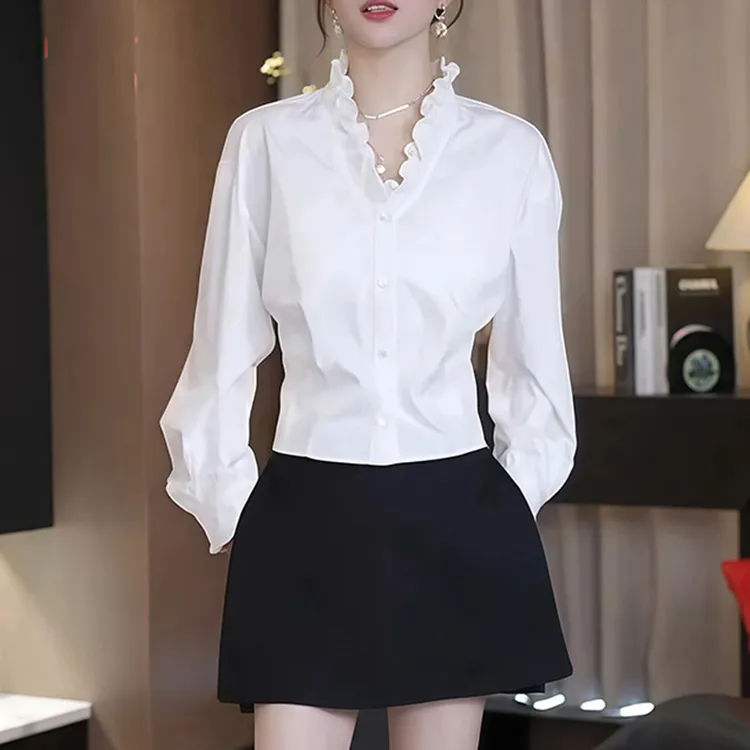 6952白色木耳边V领长袖衬衫女2025秋季新款轻奢高级感洋气上衣
