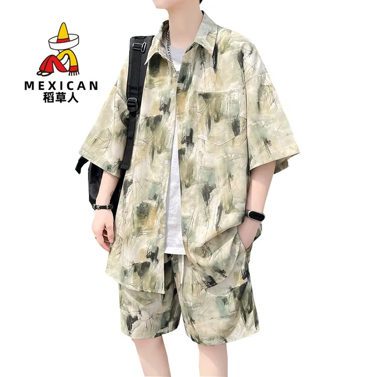 稻草人夏季衬衫嘻哈风中袖时尚套装五分痞帅ins宽松薄款时尚男装