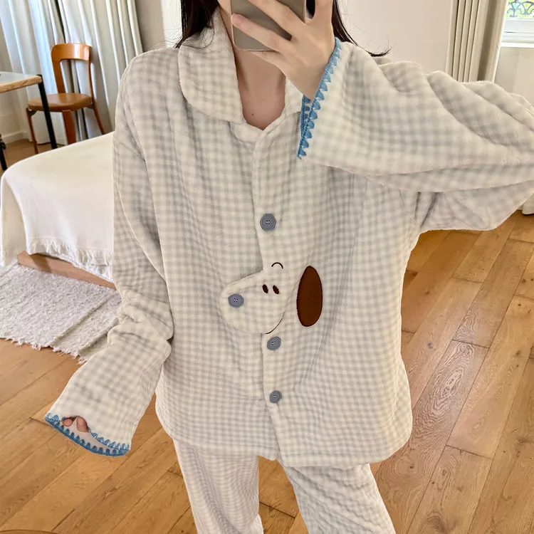 珊瑚绒睡衣女士秋冬季大码加厚可外穿法兰绒蓝格狗家居服冬天套装