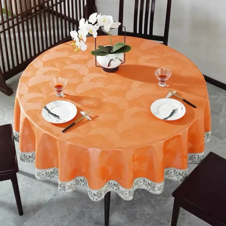 新中式圆形桌布防水防油免洗可擦PU防烫酒店家用餐桌垫ins风台布