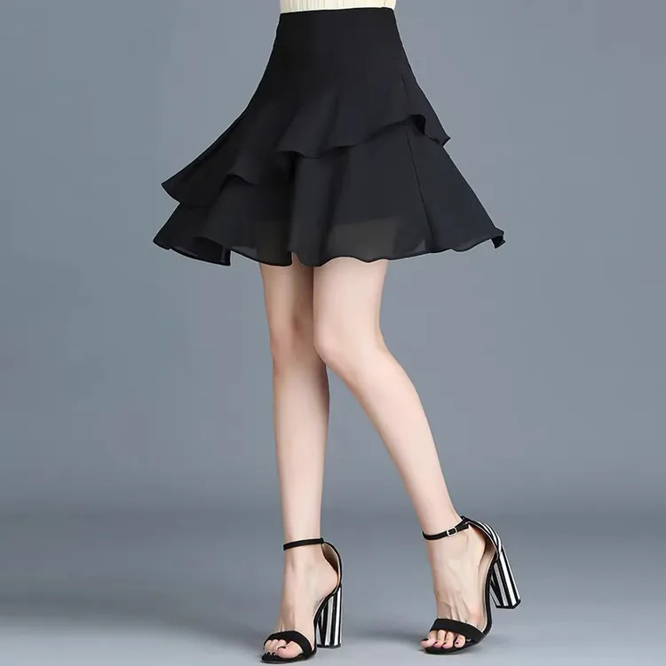 雪纺半身裙短裙女夏薄款2025新款高腰显瘦荷叶边不规则百褶a字裙