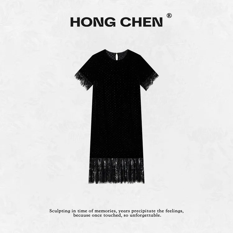 【虹辰·点点繁星】高端桑蚕丝绒时尚蕾丝下摆高级感连衣长裙-HC2753
