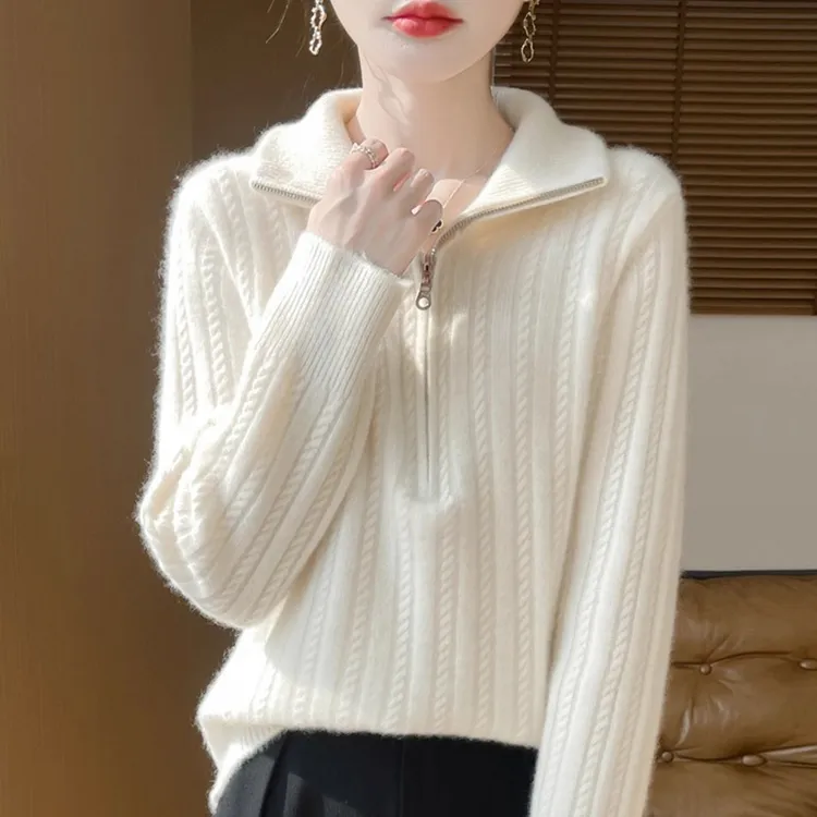 100纯羊绒衫女士秋冬新款半拉链宽松加厚羊毛打底衫时尚针织毛衣