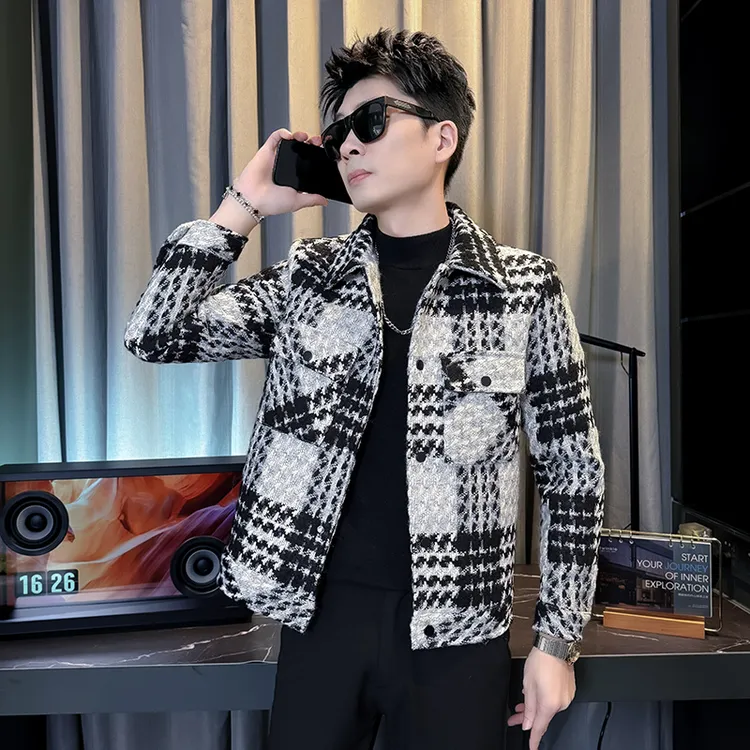 男士高级感格子夹克上衣2025新款秋冬季潮流痞帅休闲毛呢外套男款