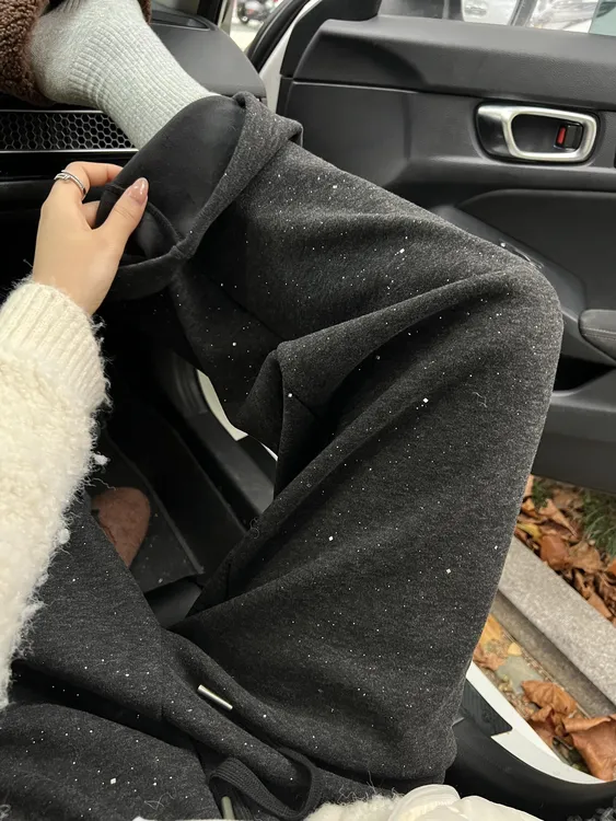 加绒加厚亮片裤子女冬季新款胖妹妹mm高腰宽松显瘦阔腿糯米休闲裤