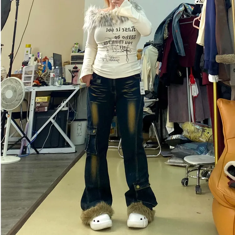 美式毛边拼接高腰微喇叭牛仔裤女秋冬新款设计感修身显瘦裤子571