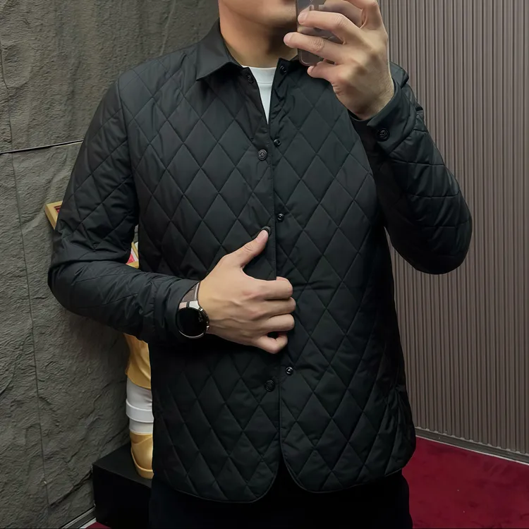 2025冬季新款翻领保暖棉衣男士轻薄休闲棉服落肩袖绗缝菱形格潮流