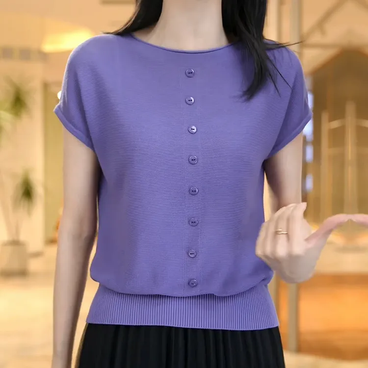 卡雁直播间同款2025夏季新款多巴胺色圆领小飞袖套头针织上衣女