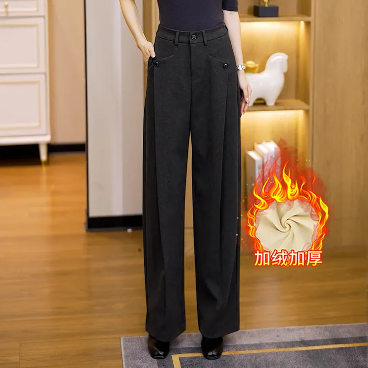 2025冬季新款后妈裤加绒加厚弯刀阔腿裤女宽松显瘦保暖休闲毛呢裤