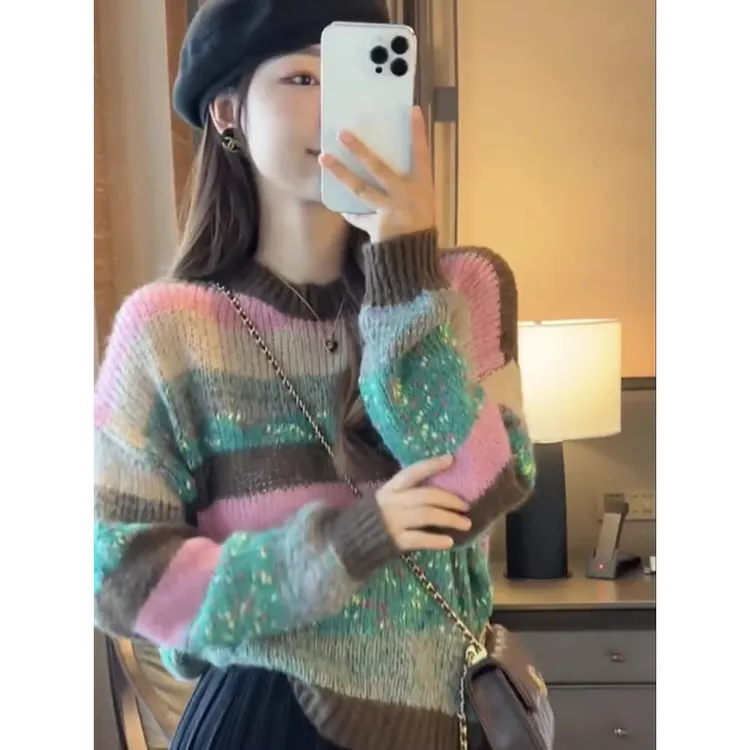 秋冬新款宽松软糯彩虹条纹针织衫时尚圆领撞色显瘦毛衣套头上衣女
